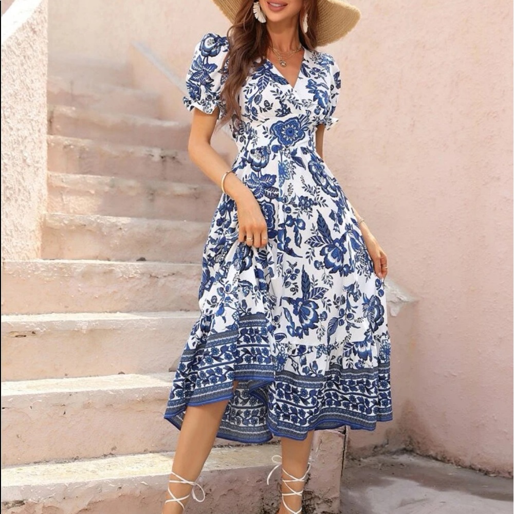 Boho Bohemian Gypsy Floral Print Puff Sleeve Surplice Neck Dress White Blue - Picture 4 of 9